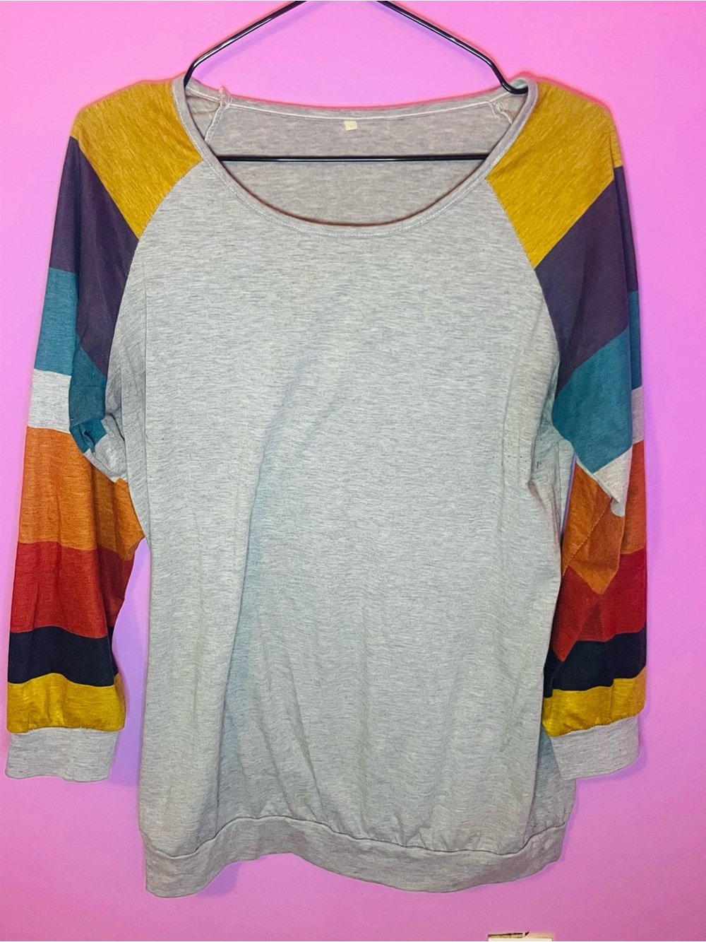 Light Gray Raglan Sweatshirt with Multi-Color Stripe Sleeves